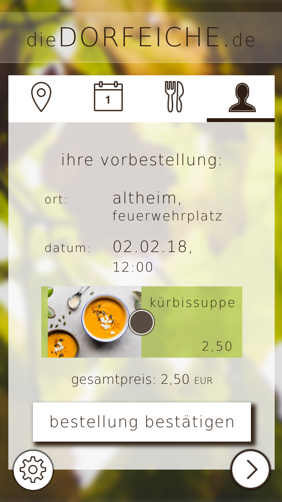Bildschirmaufnahme des grafischen Prototyps, auf der die Bestellbestätigung zu sehen ist.
