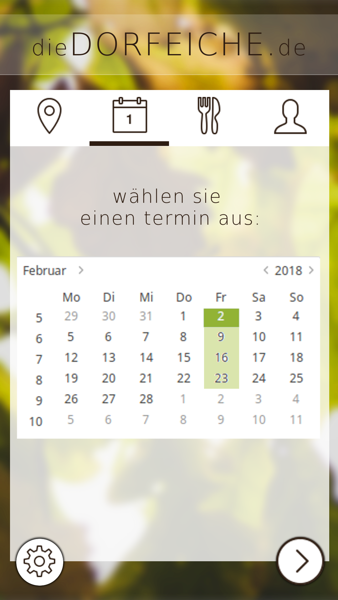 Bildschirmaufnahme des grafischen Prototyps, auf der ein Termin für das Essen ausgewählt werden kann.