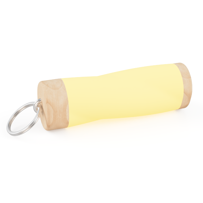 Rendering des gelb leuchtenden Schlüsselanängers des Konzeptes im verdrehten Zustand.